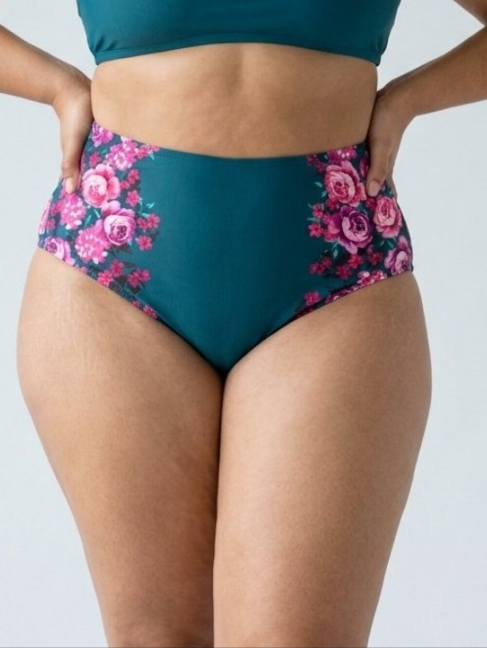 Torrid High-Waist Floral Accent Bikini Bottoms in Teal